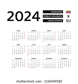 Calendar 2024 Spanish language with Venezuela public holidays. Week starts from Sunday. Graphic design vector illustration.