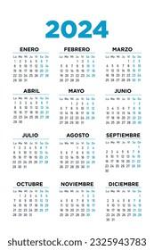 Calendar 2024 in spanish. Week starts on Monday. Minimal design. Vector