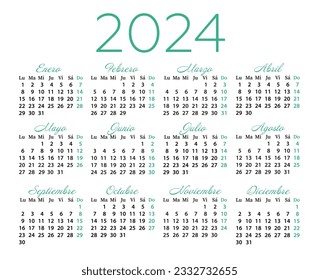 Calendar 2024 in spanish. The week starts on Monday. Vector calendar design template.