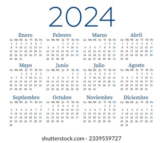Calendar 2024 in spanish. The week starts on Monday. Vector calendar design template.