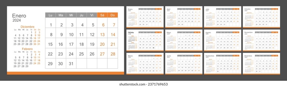 Calendar 2024 in Spanish, week starts on Monday, corporate design template vector.