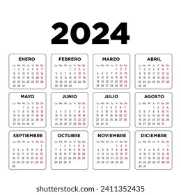 Calendario 2024 en español. La semana comienza el lunes. Ilustración mínima.