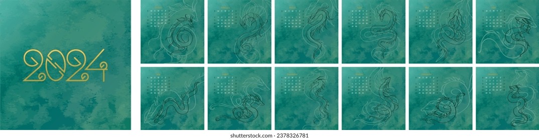 Calendar 2024. Square monthly calendar with the Symbol of the year green Dragon in outline style. Vector illustration.