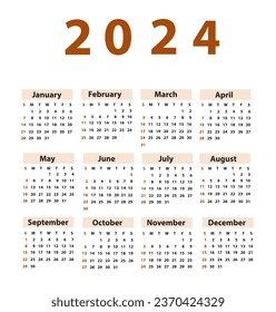 Calendar 2024 starting from Sunday. Vector illustration