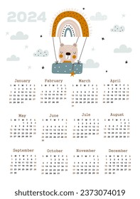 Calendar 2024 starting from Sunday. Vector illustrations. 