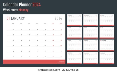 calendar for 2024 starts monday, vector calendar design 2024 year