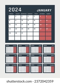 calendar for 2024 starts monday, vector calendar design 2024 year
