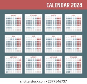 calendar for 2024 starts monday, vector calendar design 2024 year