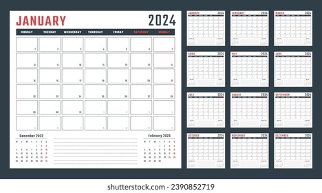calendar for 2024 starts monday, vector calendar design 2024 year