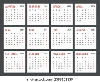 calendar for 2024 starts monday, vector calendar design 2024 year