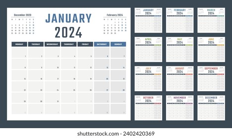 calendar for 2024 starts monday, vector calendar design 2024 year