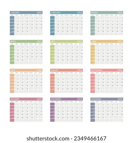 calendar for 2024 starts sunday, vector calendar design 2024 year