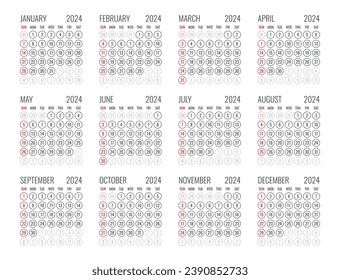 calendar for 2024 starts sunday, vector calendar design 2024 year