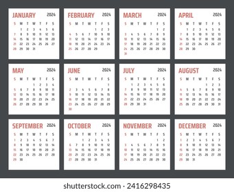 calendar for 2024 starts sunday, vector calendar design 2024 year