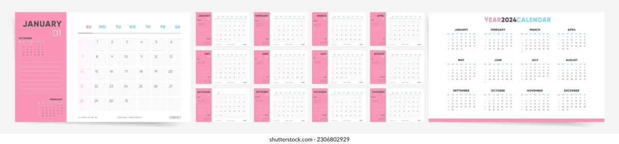 Calendar 2024, Calendar 2024 Sunday Start Modern Minimal Pink Design Template.