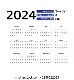 Calendar 2024 Swedish language with Sweden public holidays. Week starts from Monday. Graphic design vector illustration.
