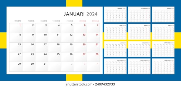 Calendar 2024 in Swedish. Wall quarterly calendar for 2024 in classic minimalist style. Week starts on Monday. Set of 12 months. Corporate Planner Template. A4 format horizontal. Vector illustration