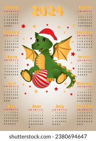 Calendar 2024 with symbol of the year dragon. Cute little dragon sitting with christmas ball. Week starts on sunday. Format A4 vertical. Vetor illustration EPS10.