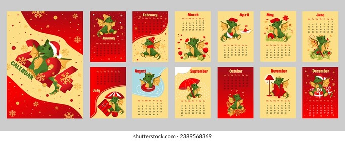 Calendar 2024 with symbol of the year dragon. Cute little dragon in cartoon style. Week starts on Monday. A set of 12 pages and cover in size A3, A4, A5. Vector illustration in vertical format.