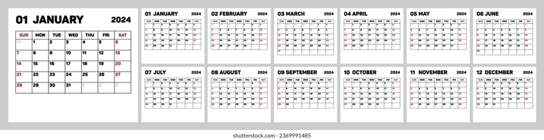 Calendar 2024 - Symple Layout Illustration. Week starts on Sunday. Calendar Set for 2024 year. Planner diary in minimalist style. Corporate and business calendar. 2024 calendar in minimal table