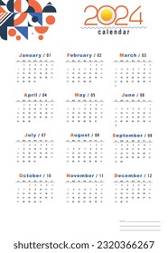 Calendar 2024 Template With Abstract Geometric Background. calendar 2024 week start Monday corporate design template vector.