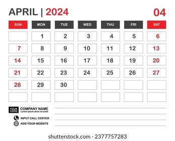 Calendar 2024 template, April 2024 layout, Desk calendar 2024 year, Wall calendar design, Week starts on sunday, Planner, Printing media, poster, organizer, advertisement, Red background, vector