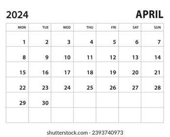 Calendar 2024 template - April 2024 vector on white background, week start on monday, Desk calendar 2024 year, Wall calendar design, corporate planner template, clean style, horizontal template