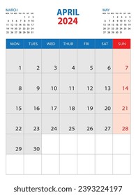 Calendar 2024 template - April 2024 year, week start on monday, Wall calendar 2024 design, Desk calendar template, corporate planner, Stationery, organizer diary, printing media, vector