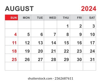 Calendar 2024 template, August 2024 layout, Printable minimalist monthly planner, Desk Calendar 2024 template, Wall calendar design, Week Start On Sunday, Stationery, printing, red color, vector
