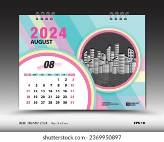 Calendar 2024 template - August 2024 month layout, Desk calendar 2024 year, calendar Planner design, Week starts on Sunday, wall calendar, stationery, organizer office, pastel background, vector 
