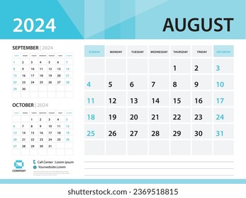 Calendar 2024 template, August 2024 year, Desk Calendar 2024 template, Week Start On Sunday, Wall calendar design, Planner layout, Stationery, Poster, printing media, Blue background vector