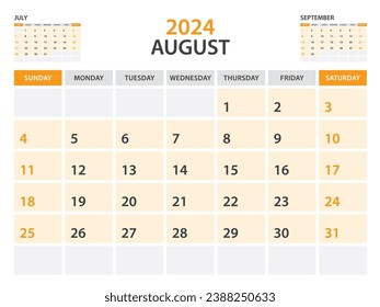 Calendar 2024 template- August 2024 year, monthly planner, Desk Calendar 2024 template, Wall calendar design, Week Start On Sunday, Stationery, printing, office organizer vector, orange background