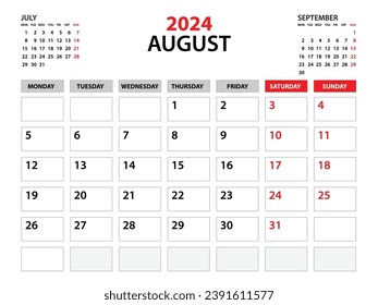 Calendar 2024 template, August 2024 year, planner template, monthly and yearly planners, week start monday, wall calendar design, corporate planner, Desk calendar 2024, printing, vector
