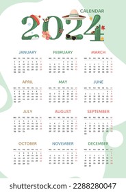 Calendar 2024 template with cactus number of the year. Week start On Monday, planner, stationary, wall calendar