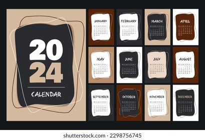 Calendar 2024 template, chocolate, brown, beige, white and black desk calendar design. Week start On Monday, planner, wall calendar. Vector illustration