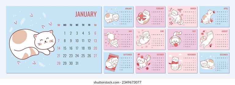 Calendar 2024 template with a cute cat. Set of 12 Months calendar. Week Starts on Sunday