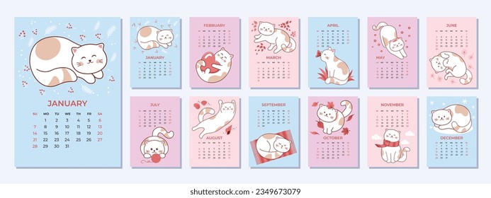 Plantilla de Calendario 2024 con un lindo gato. Conjunto de calendario de 12 meses. La semana empieza el domingo