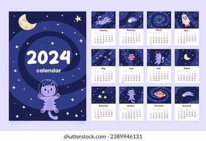 Plantilla de Calendario 2024 con astronauta de gato lindo