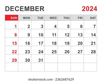 Calendar 2024 template, December 2024 layout, Printable minimalist monthly planner, Desk Calendar 2024 template, Wall calendar design, Week Start On Sunday, Stationery, printing, red color, vector
