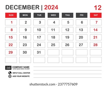 Calendar 2024 template, December 2024 layout, Desk calendar 2024 year, Wall calendar design, Week starts on sunday, Planner, Printing media, poster, organizer, advertisement, Red background, vector