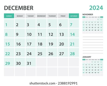 Calendar 2024 template- December 2024 year, monthly planner, Desk Calendar 2024 template, Wall calendar design, Week Start On Sunday, Stationery, printing, office organizer vector