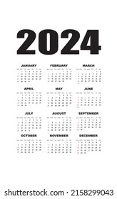Calendario para 2024. Plantilla de calendario. diseño en colores blanco y negro, vacaciones en colores rojos. Las semanas comienzan el domingo.aislado en fondo blanco - plantilla vectorial