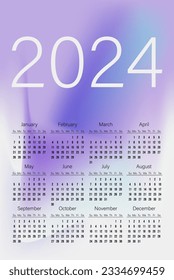 Calendar 2024 template design on abstract background light violet gradient color shape on white