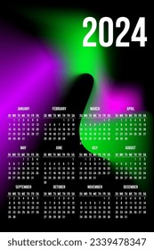 Calendar 2024 template design on abstract background green  violet gradient color shape on black