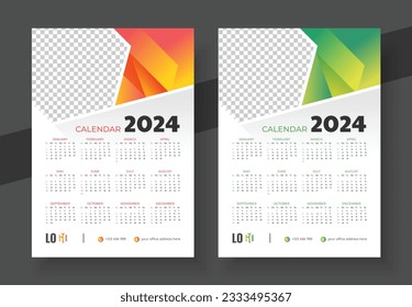 Calendar 2024 Template Design, One page wall calendar design for 2024. Week starts on Sunday