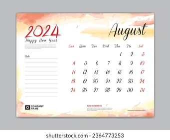 Calendar 2024 template, Desk Calendar 2024 template, August 2024, week start on sunday, Wall calendar, planner, stationery, Printing template, organizer office, Red watercolor background, vector