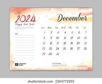 Calendar 2024 template, Desk Calendar 2024 template, December 2024, week start on sunday, Wall calendar, planner, stationery, Printing template, organizer office, Red watercolor background, vector