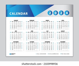 Calendar 2024 template, Desk calendar 2024 design, Wall calendar 2024 year, Set of 12 Months, Week starts Sunday, Planner, Yearly organizer, Stationery, calendar inspiration, blue background vector