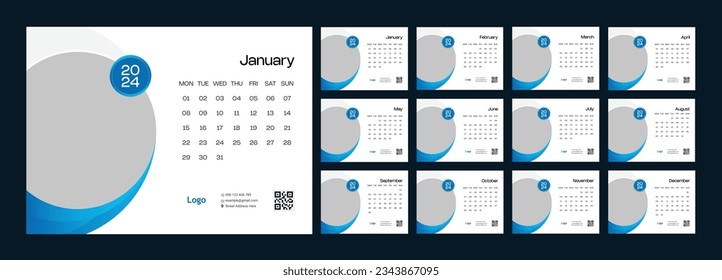 Calendar 2024 template, Desk calendar design, Happy New year, minimal trendy style, table calendar, desk calendar layout, Week start on Monday, Set of 12 Months, vector illustration
