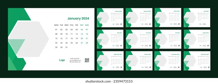 Calendar 2024 template, Desk calendar design, Happy New year, minimal trendy style, table calendar, desk calendar layout, Week start on Monday, Set of 12 Months, vector illustration